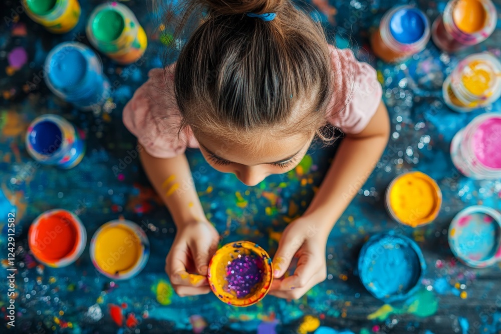Aufkleber child exploring creativity with colorful paints in artist's workspace during afternoon