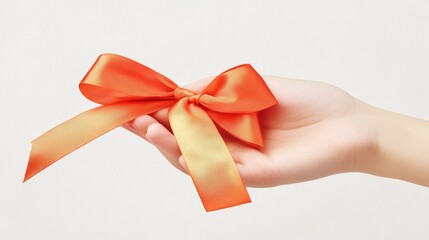 delicate gift voucher handoff, red gradient sunburst, feminine hand details, light orange ribbon element, bright white environment, lifestyle macro shot, professional studio lighting, personal moment