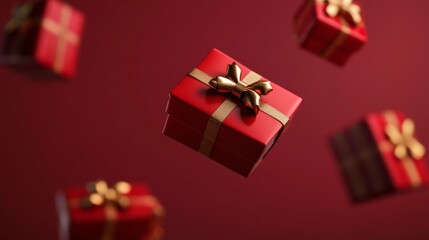 High-end 3D design, floating red gift presentation, golden bow embellishments, luxury product showcase, dramatic shadows, rich burgundy background, professional lighting setup