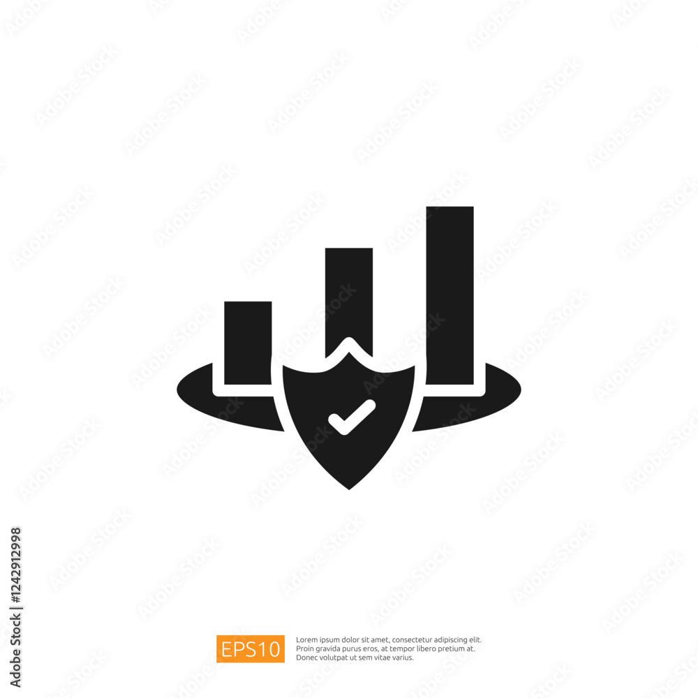 Poster data security and analytics symbol featuring bar graphs and shield icon representing protecting info