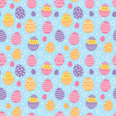 Colourful Easter seamless pattern with cute chicks and eggs. Cartoon style background. Vector illustration