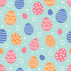 Easter seamless pattern with cute decorated eggs. Colourful background in cartoon style. Vector illustration.