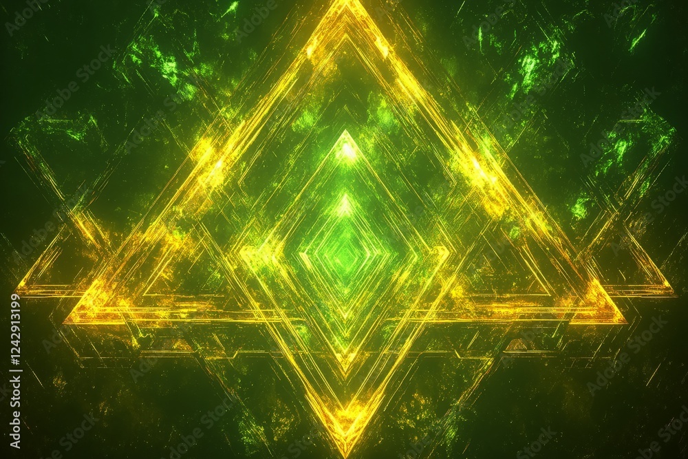 Aufkleber Intricate geometric patterns illuminated in vibrant green and gold hues create a mesmerizing visual experience