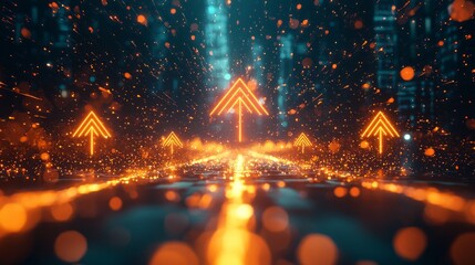 Glowing arrows ascend through a mesmerizing glow, guiding the viewer's gaze along an ethereal urban backdrop. The atmosphere is charged with a sense of movement and possibility