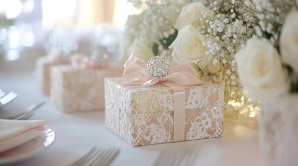Elegant gift boxes with delicate lace pattern in cream and gold, soft pink ribbons tied with crystal ornaments, white table setting, fresh white roses and baby's breath arrangement, soft natural