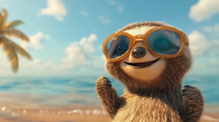 Fototapeta premium Little cartoon sloth on the beach. Selective focus