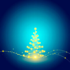 Luxury winter invitation featuring an abstract Christmas tree, shimmering festive lights, and a sleek deep blue background for modern holiday celebrations