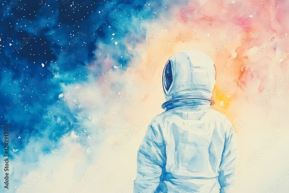 Aufkleber astronaut gazing at a colorful cosmic backdrop filled with stars and nebulae in a vast galaxy