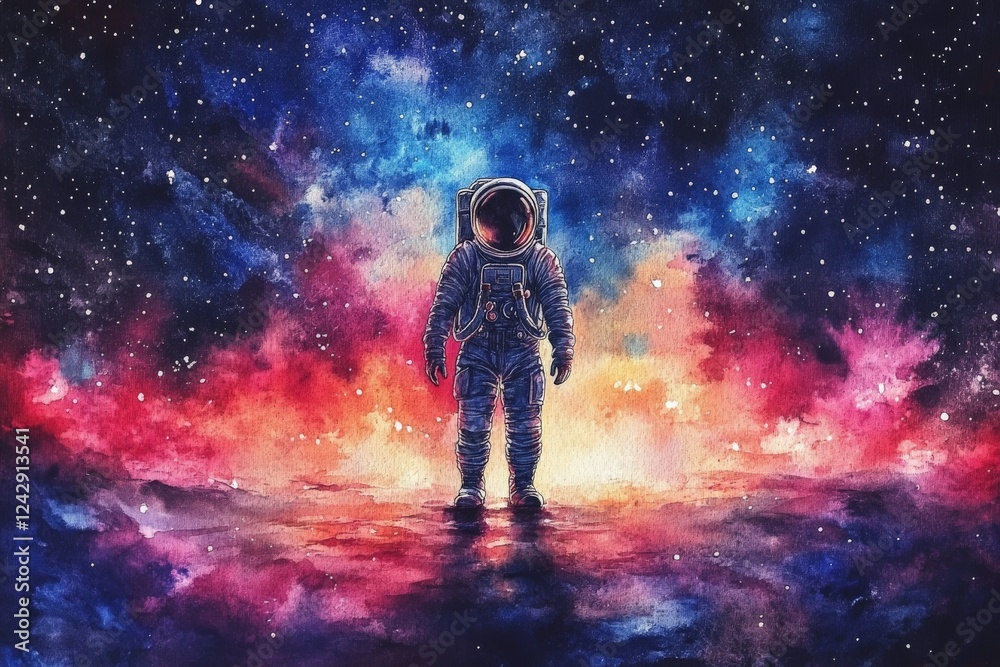 Poster astronaut exploring vibrant cosmic landscape filled with stars and colorful nebulae at dusk