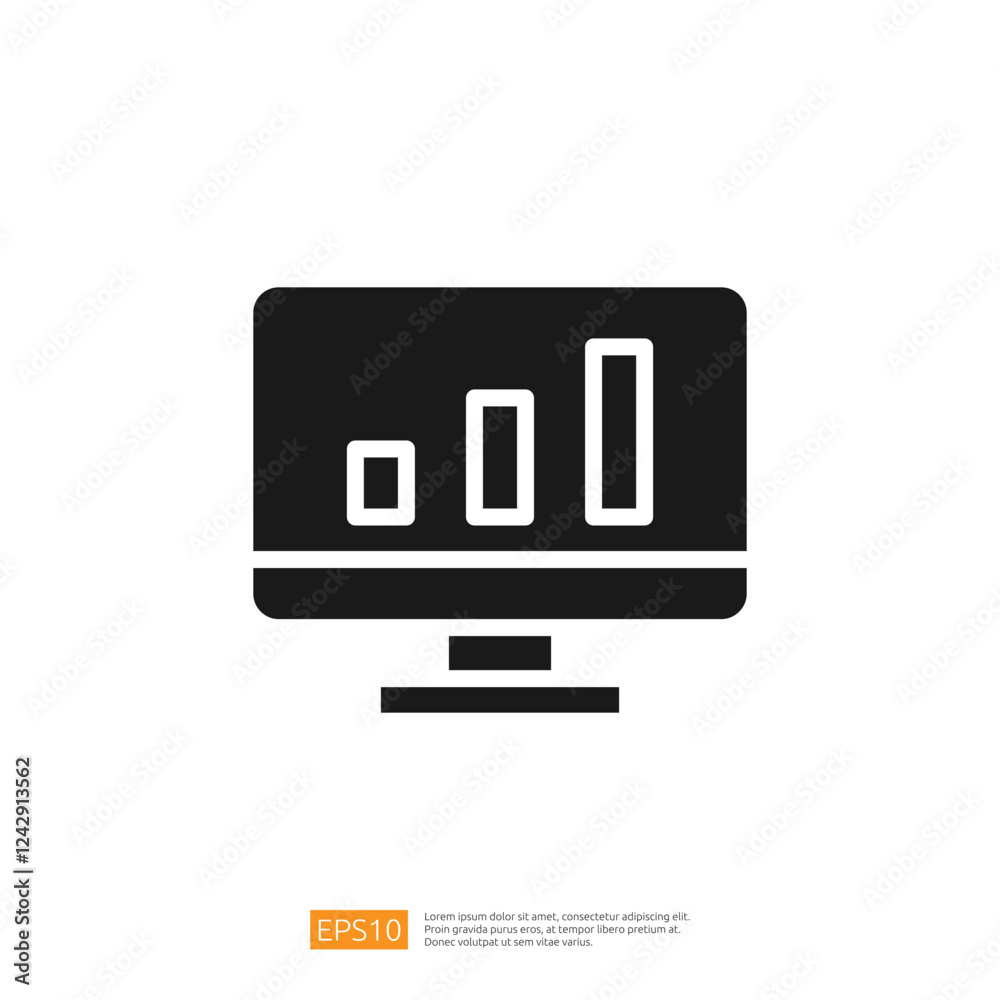 Poster stylized computer monitor displaying progress bar chart symbols representing data analytics and grow