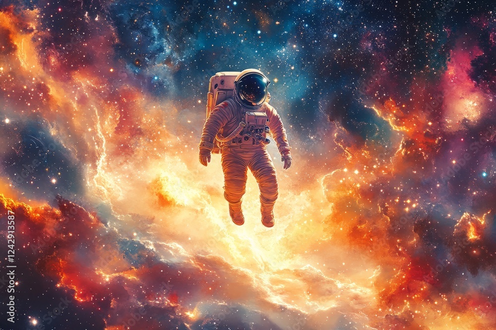 Poster astronaut floating among vibrant galaxies in the vastness of space at an unknown time