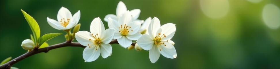 White flowers blooming on a branch with a few leaves and stems, garden, nature