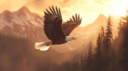 Fototapeta premium A bald eagle soaring majestically over a mountain range in Alaska, its sharp eyes focused below