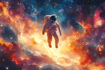 Astronaut floating among vibrant galaxies in the vastness of space at an unknown time