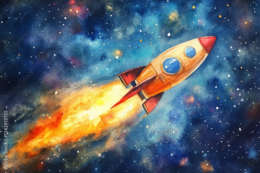 Poster rocket launches into a vibrant galaxy filled with stars and colorful nebulas in a dazzling display o