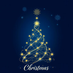 Luxury Christmas greeting card with a minimalist holiday tree, glowing soft lights, and a rich deep blue background for stylish festive posters