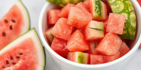 White container filled with fresh watermelon chunks and juice on the side, watermelon, container, fruit bowl