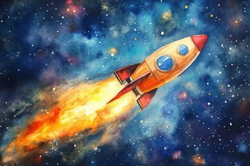 Obraz premium Rocket launches into a vibrant galaxy filled with stars and colorful nebulas in a dazzling display of cosmic adventure