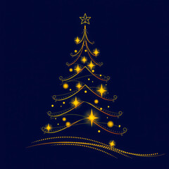 Luxury holiday wallpaper featuring a minimalist Art Deco Christmas tree, golden glowing lights, and a stylish deep blue background for festive decor