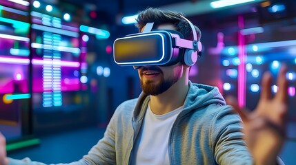 man in vr headset, neon lights, metaverse - metaverse