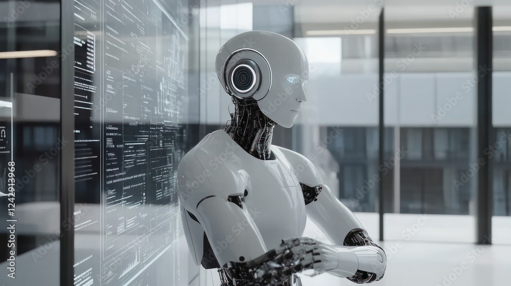 Poster Advanced Robot Analyzes Data On Modern Display Screen
