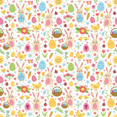 Colourful Easter texture in cartoon style. Cute bunny, chick, eggs and flowers. Vector illustration