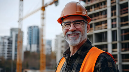 Senior Construction Worker Smiling at Urban Building Site