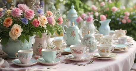 Whimsical garden party table setting with pastel colors and floral tea cups, fairy tale, floral, spring