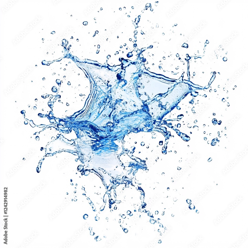 Poster blue water splashing on white background with many droplets