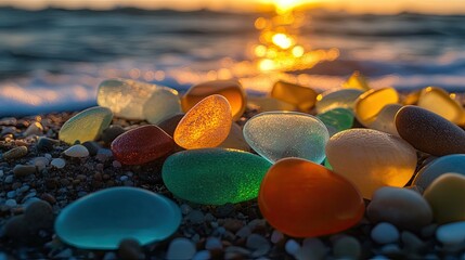Colorful Sea Glass Stones at Sunset on Beach
