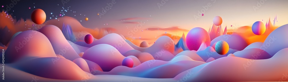Poster abstract colorful landscape with floating spheres