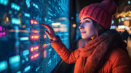 Young Woman Touching Digital Screen at Night with Technology Display