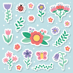 Colourful spring flower stickers set. Icons in cartoon style. Vector illustration