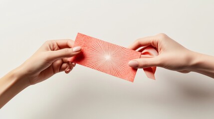 hands exchanging red gift voucher, white text overlay, sunburst pattern design, peach ribbon detail, soft natural lighting, clean white background, lifestyle photography, gentle skin tones, macro