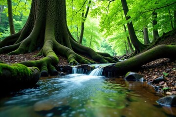 Fototapeta premium Water flowing around the roots of an ancient tree, forest roots, serene environment, forest tree water