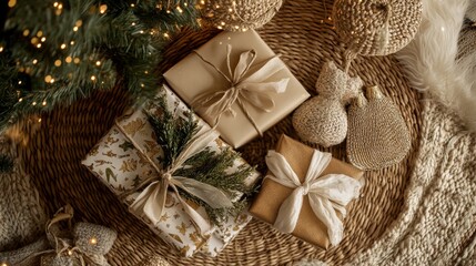 Fototapeta premium Holiday present preparation, neutral wrapping paper, seasonal ribbon detail, evergreen foliage decorations, ambient fairy lights, natural wicker surface, intimate indoor photography