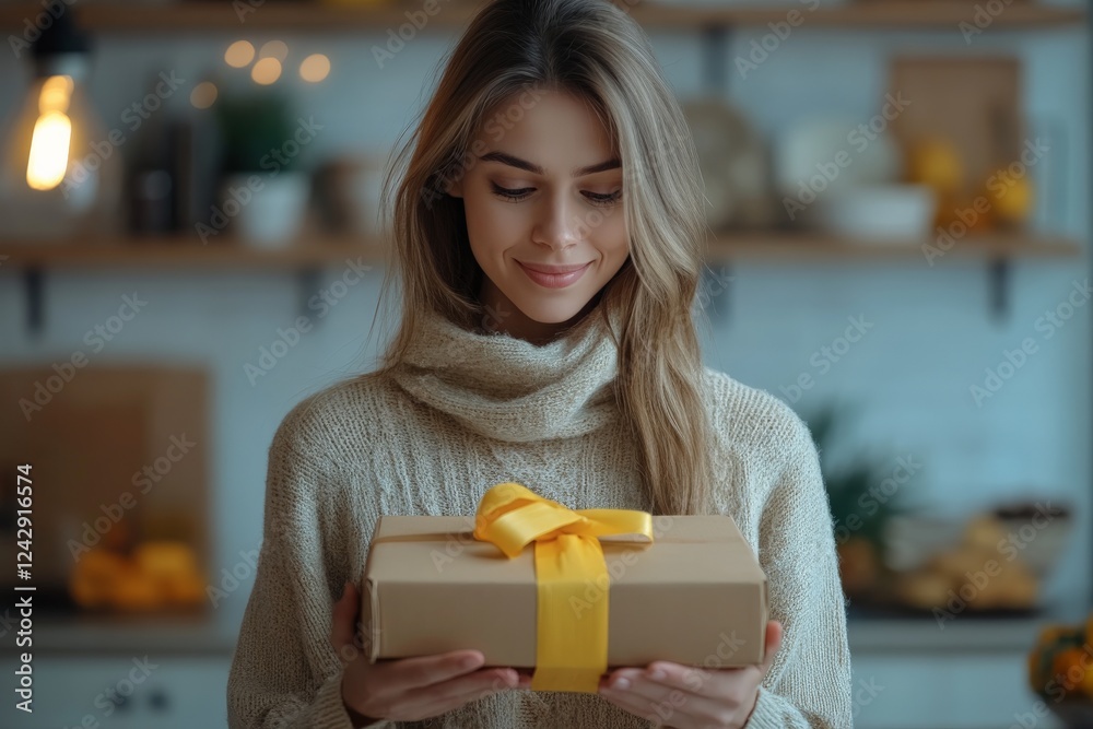 Wall mural Young woman holds a gift box with a yellow ribbon in a cozy indoor setting during autumn