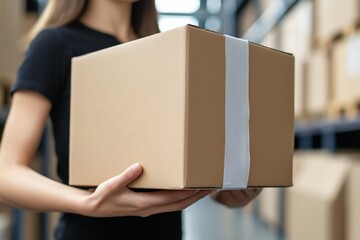 Person holding a cardboard box inside a warehouse during the day