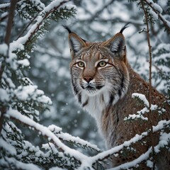 Obraz premium A lynx staring through snow-covered branches with piercing eyes.