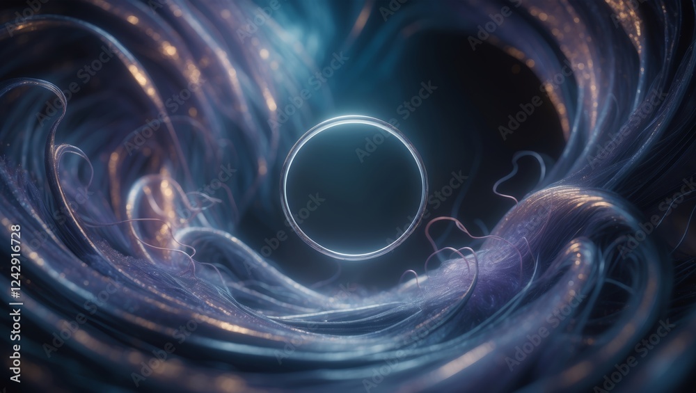 Poster ethereal swirling patterns and luminous sphere create a mesmerizing visual effect in a cosmic space 