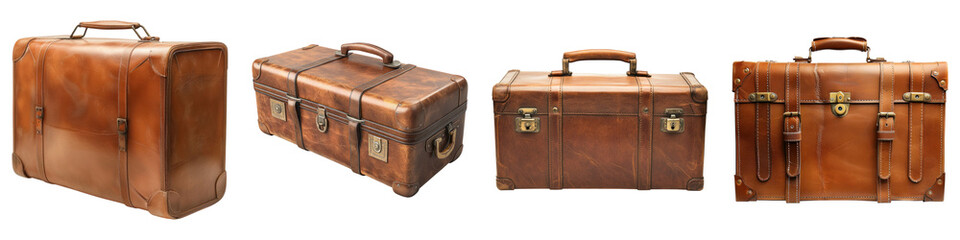 Leather brown suitcase isolated on transparent background, PNG, Set of