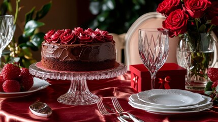 Luxurious date night spread, layered chocolate cake with rose frosting details, deep red satin tablecloth, sparkling glassware, red gift box, fresh cut roses, white ceramic dinnerware, professional