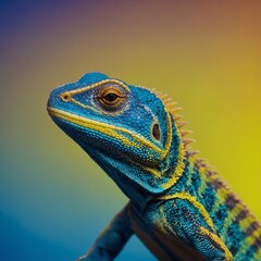 A striped lizard on a bright neon yellow and blue gradient.