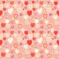 Seamless pattern with hand drawn hearts. Background with elements in cartoon style. Doodles. Design for Valentine’s Day, Mother’s Day and Women’s Day. Vector illustration