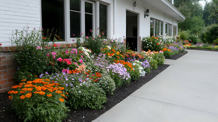 Colorful flower garden beside house driveway