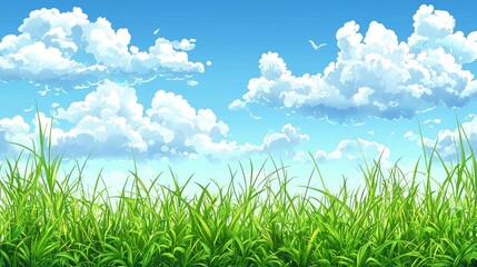 Fototapeta premium Serene Summer Meadow: Lush Green Grass under a Blue Sky with Fluffy Clouds. A picturesque landscape perfect for nature lovers and peaceful backgrounds.
