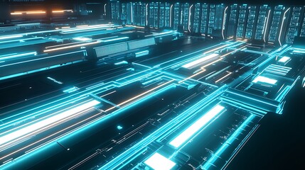 A massive futuristic AI data center illuminated by glowing blue and white neon lights, with rows of sleek servers interconnected by vibrant digital cables.