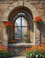 Watercolor render of a stone arch window adorned with vibrant tulips, serene ambiance, natural scenery, spring flowers
