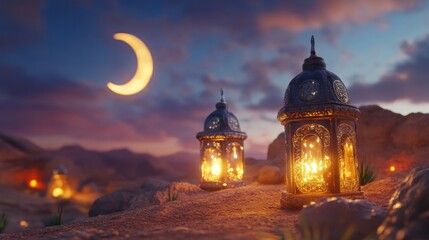 Fototapeta premium Illuminated Lanterns Resting Underneath a Crescent Moon