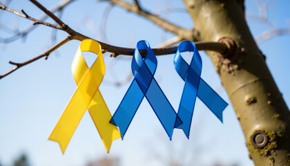 Blue and yellow ribbons fluttering on tree branch, World Down Syndrome Day